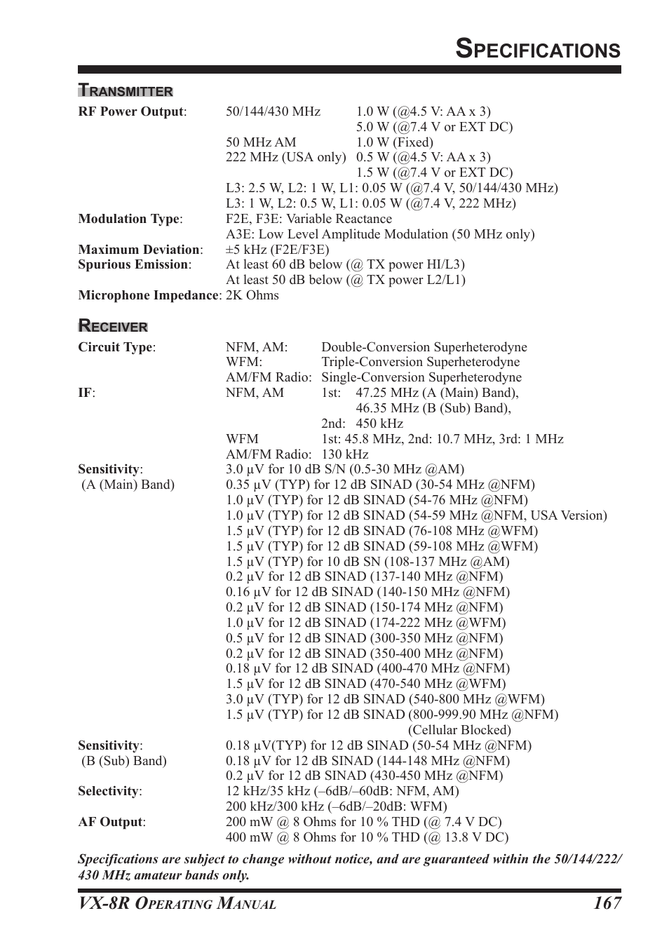 Pecifications, Vx-8r o | Vertex Standard VX-8R User Manual | Page 169 / 172