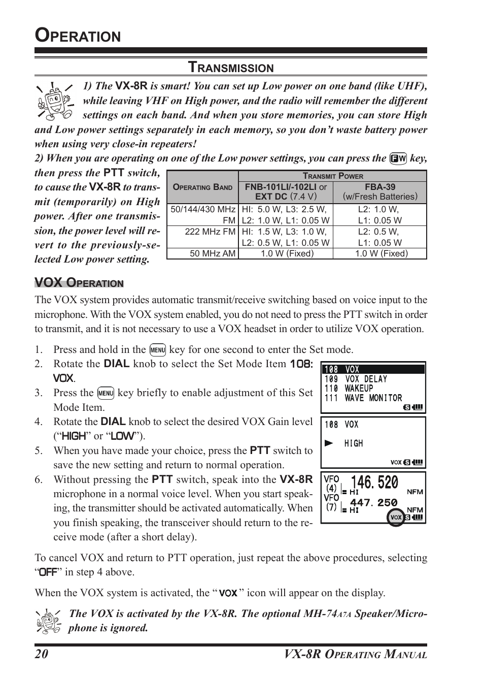 Peration, Vx-8r o, Vox o | Vertex Standard VX-8R User Manual | Page 22 / 172