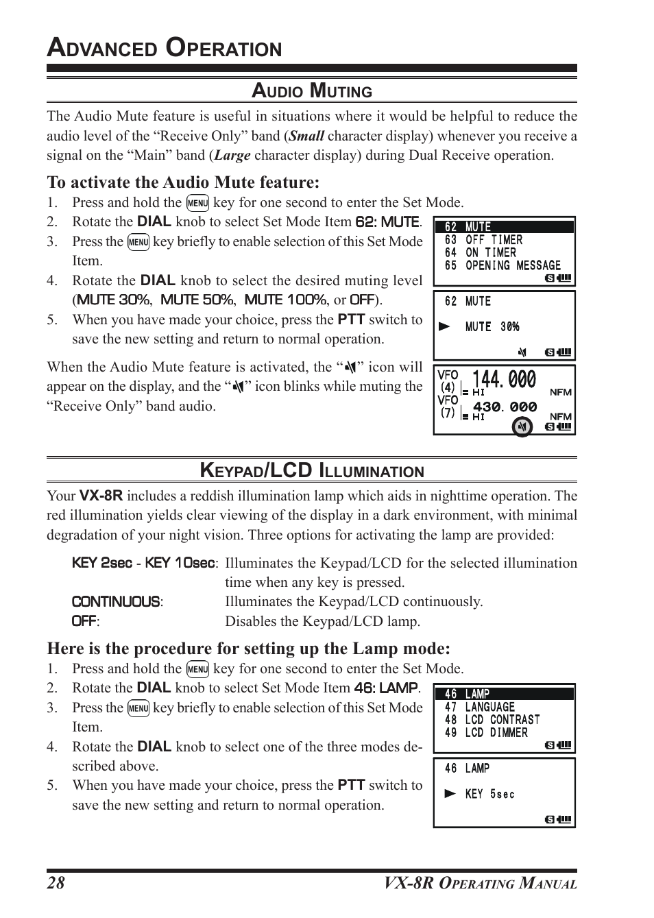 Lcd i, Dvanced, Peration | Vx-8r o, Here is the procedure for setting up the lamp mode | Vertex Standard VX-8R User Manual | Page 30 / 172