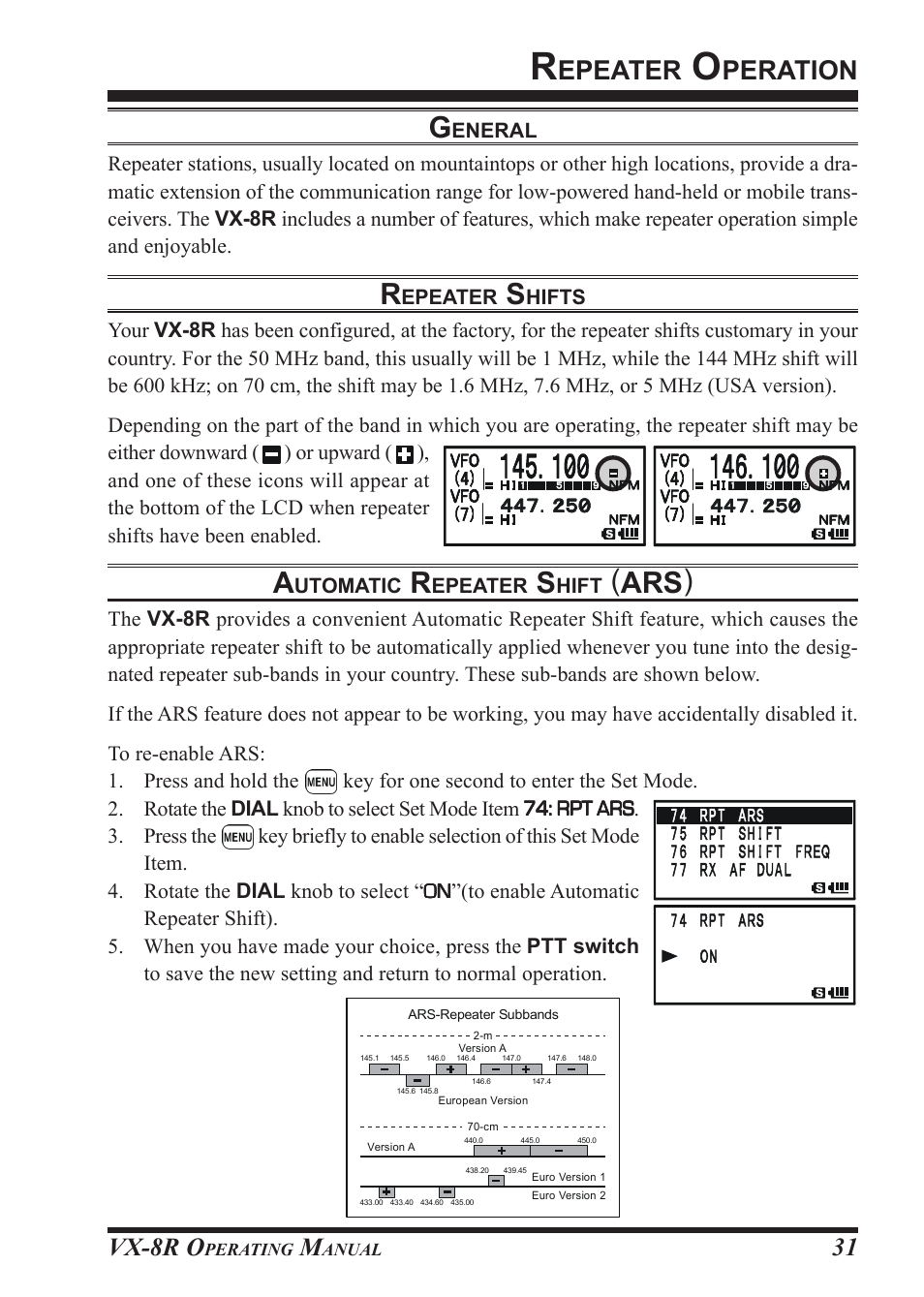 Ars ), Epeater, Peration | Vx-8r o | Vertex Standard VX-8R User Manual | Page 33 / 172