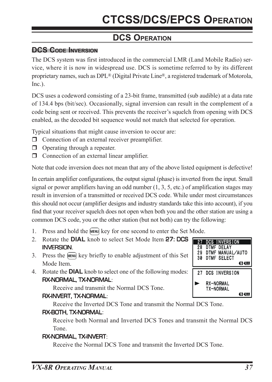 Ctcss/dcs/epcs o, Dcs o, Peration | Vx-8r o, 37 dcs c | Vertex Standard VX-8R User Manual | Page 39 / 172
