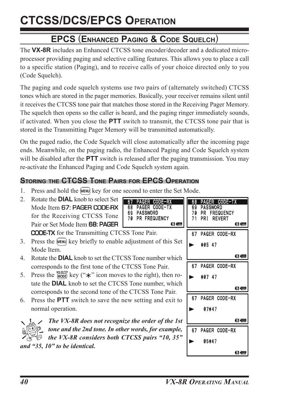Ctcss/dcs/epcs o, Epcs ( e, Peration | Vx-8r o, Ctcss t, Epcs o | Vertex Standard VX-8R User Manual | Page 42 / 172