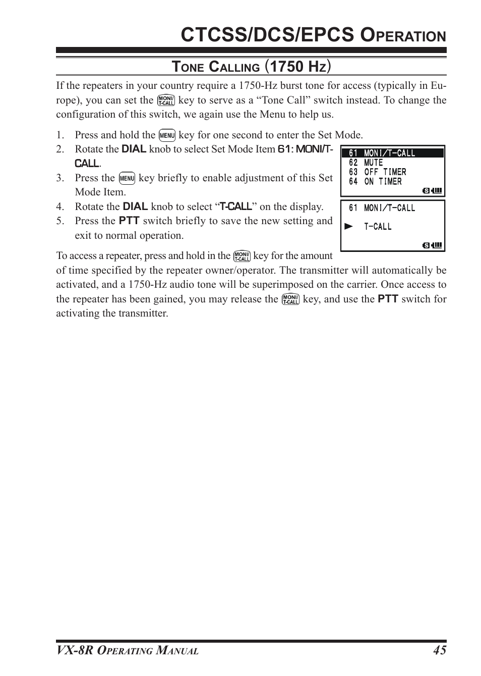 Ctcss/dcs/epcs o, 1750 h, Peration | Vx-8r o | Vertex Standard VX-8R User Manual | Page 47 / 172