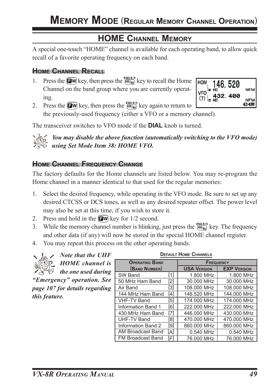 Home c, Emory, Vx-8r o | Vertex Standard VX-8R User Manual | Page 51 / 172