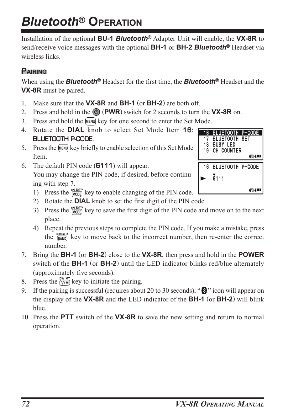 Bluetooth, Peration, Vx-8r o | Vertex Standard VX-8R User Manual | Page 74 / 172