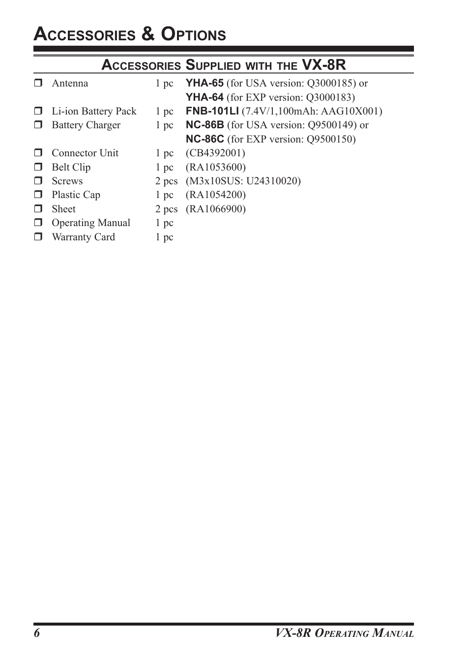 Vx-8r, Ccessories, Ptions | Vertex Standard VX-8R User Manual | Page 8 / 172