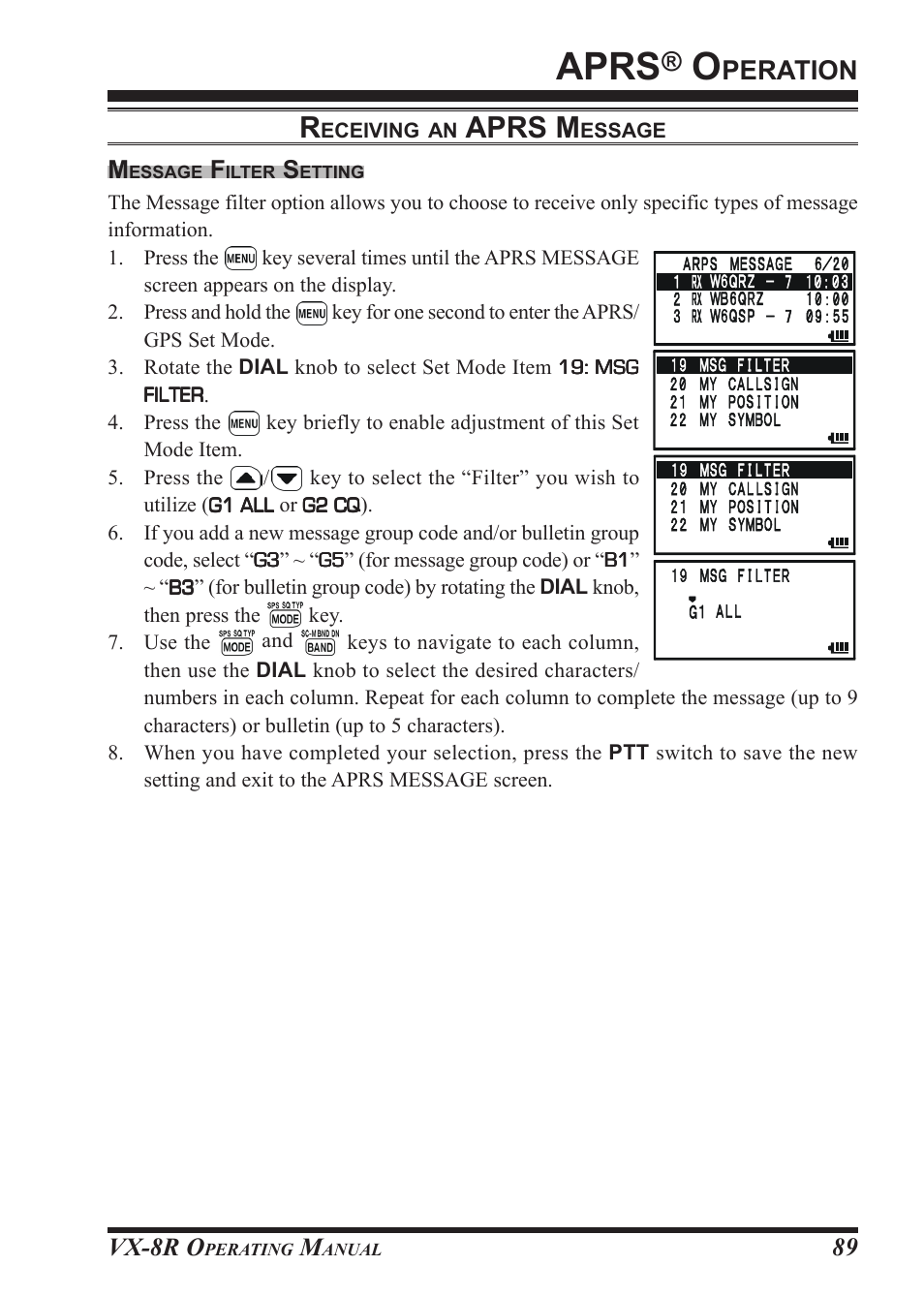 Aprs, Aprs m, Peration | Vx-8r o, 89 m | Vertex Standard VX-8R User Manual | Page 91 / 172
