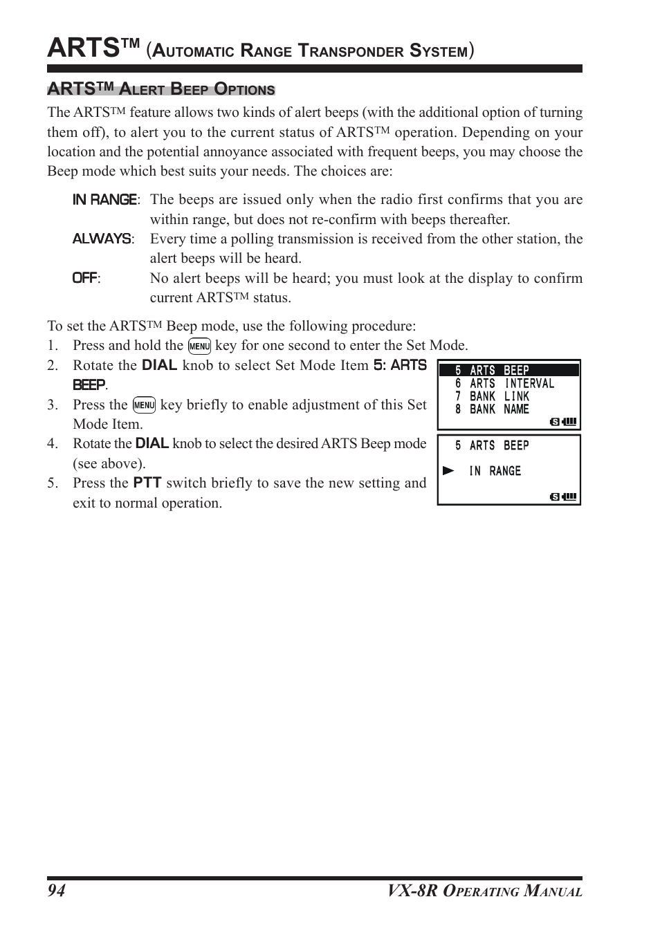 Arts, Vx-8r o, 94 arts | Vertex Standard VX-8R User Manual | Page 96 / 172