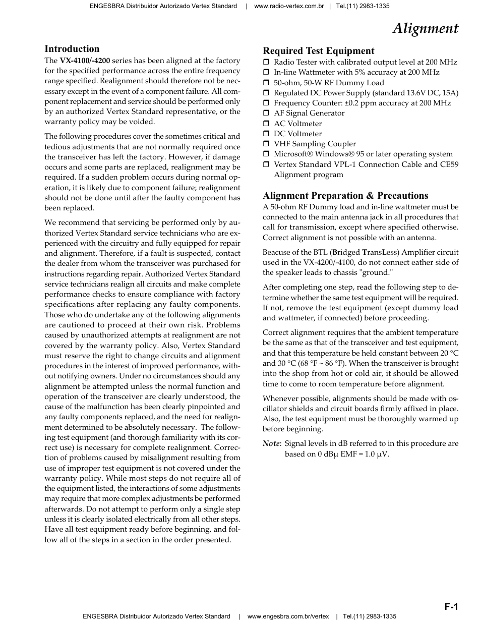 Alignment, Introduction, Required test equipment | Alignment preparation & precautions | Vertex Standard VX-4200 User Manual | Page 11 / 48