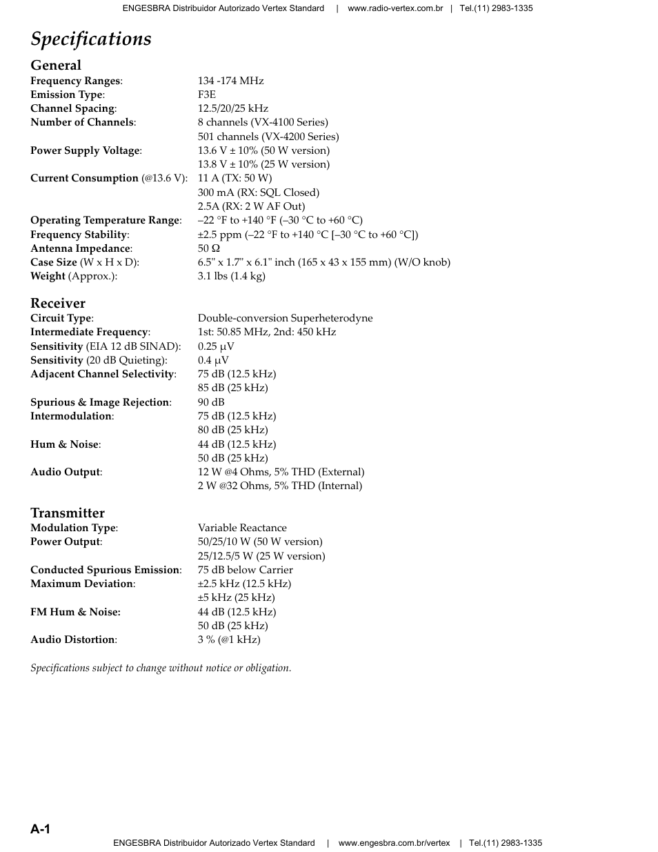 Specifications, General, Receiver | Transmitter | Vertex Standard VX-4200 User Manual | Page 2 / 48