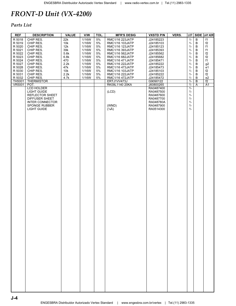 Th5xxx, Vr5xxx, Front-d unit (vx-4200) | J-4 parts list | Vertex Standard VX-4200 User Manual | Page 40 / 48