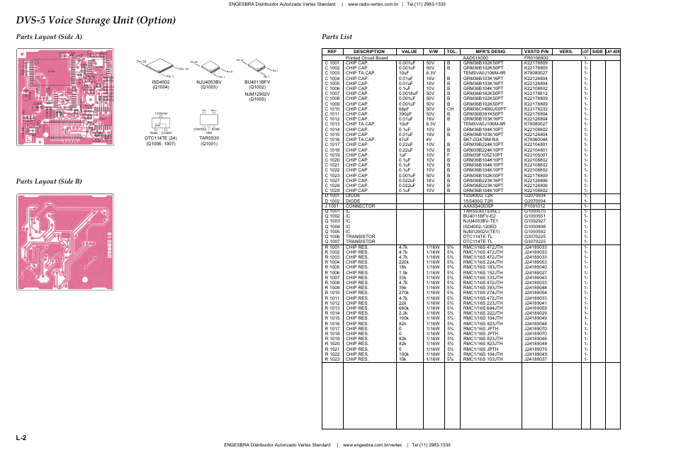 Parts layout, Parts list, Dvs-5 voice storage unit (option) | Vertex Standard VX-4200 User Manual | Page 44 / 48