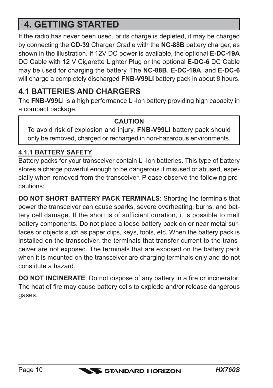 Getting started, 1 batteries and chargers | Vertex Standard HX760S User Manual | Page 10 / 56