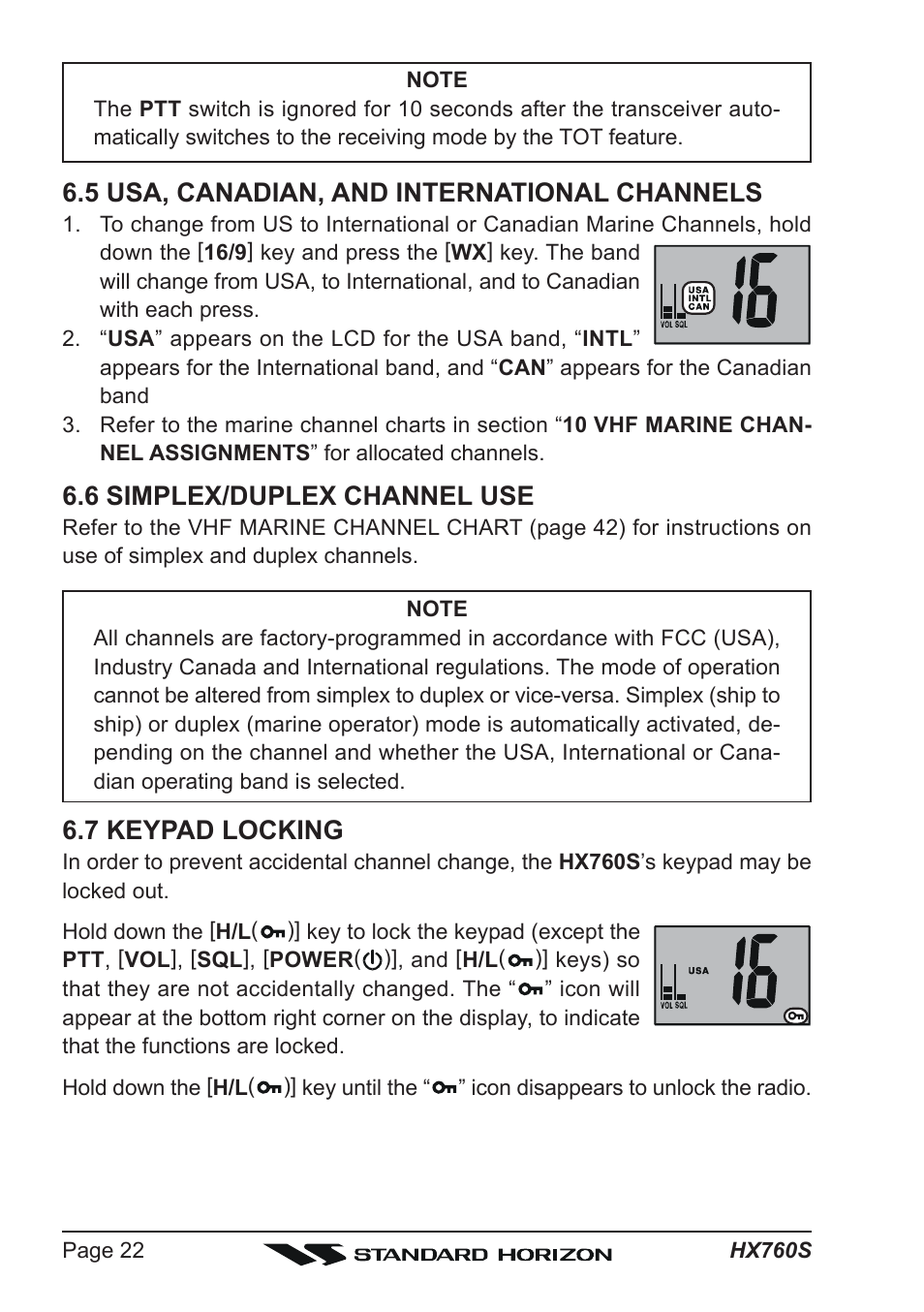 5 usa, canadian, and international channels, 6 simplex/duplex channel use, 7 keypad locking | Vertex Standard HX760S User Manual | Page 22 / 56