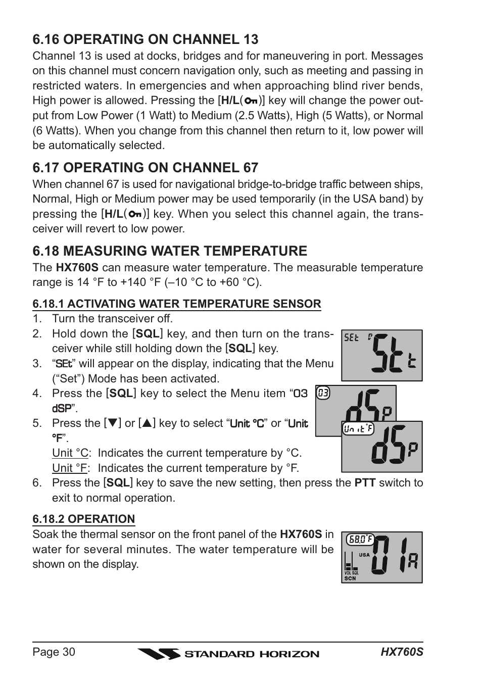 16 operating on channel 13, 17 operating on channel 67, 18 measuring water temperature | Vertex Standard HX760S User Manual | Page 30 / 56