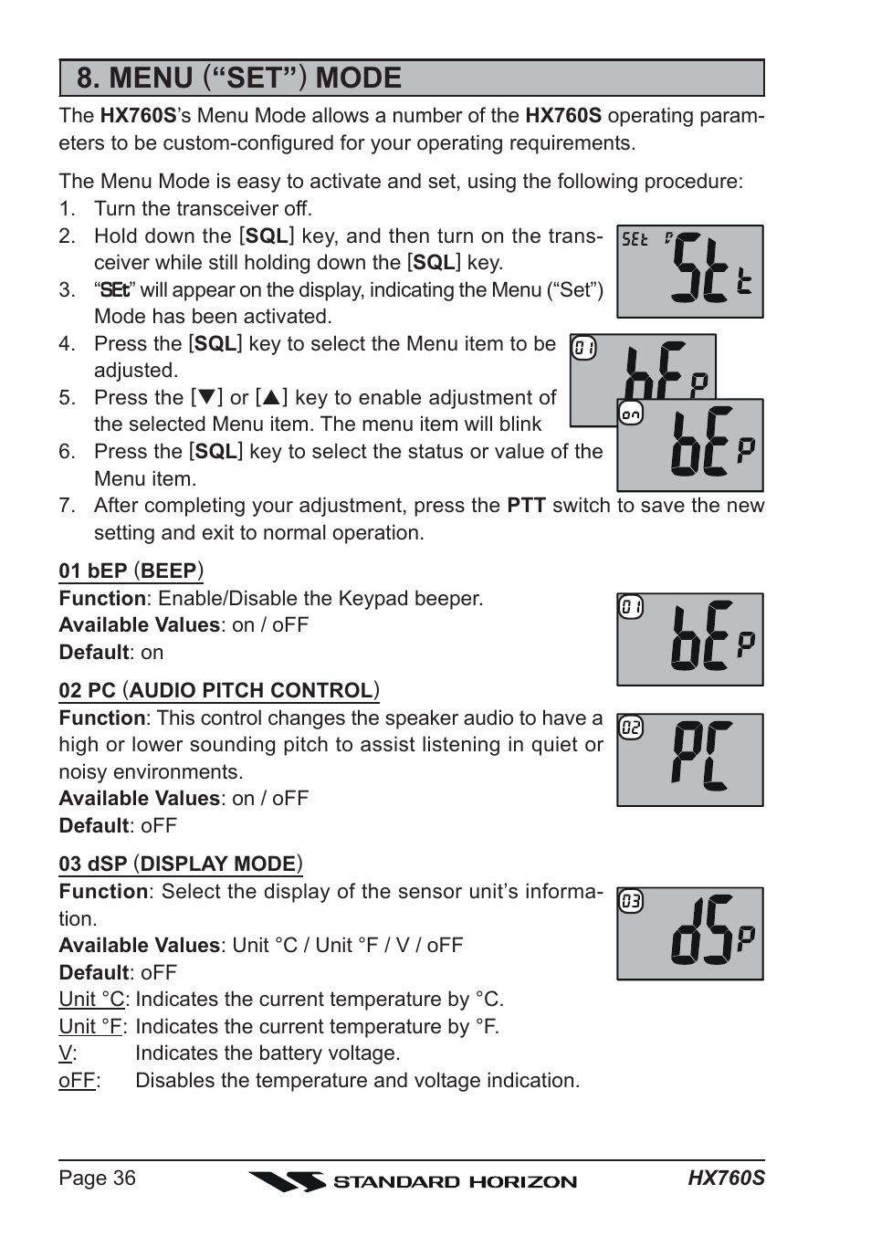 Menu ( “set” ) mode | Vertex Standard HX760S User Manual | Page 36 / 56