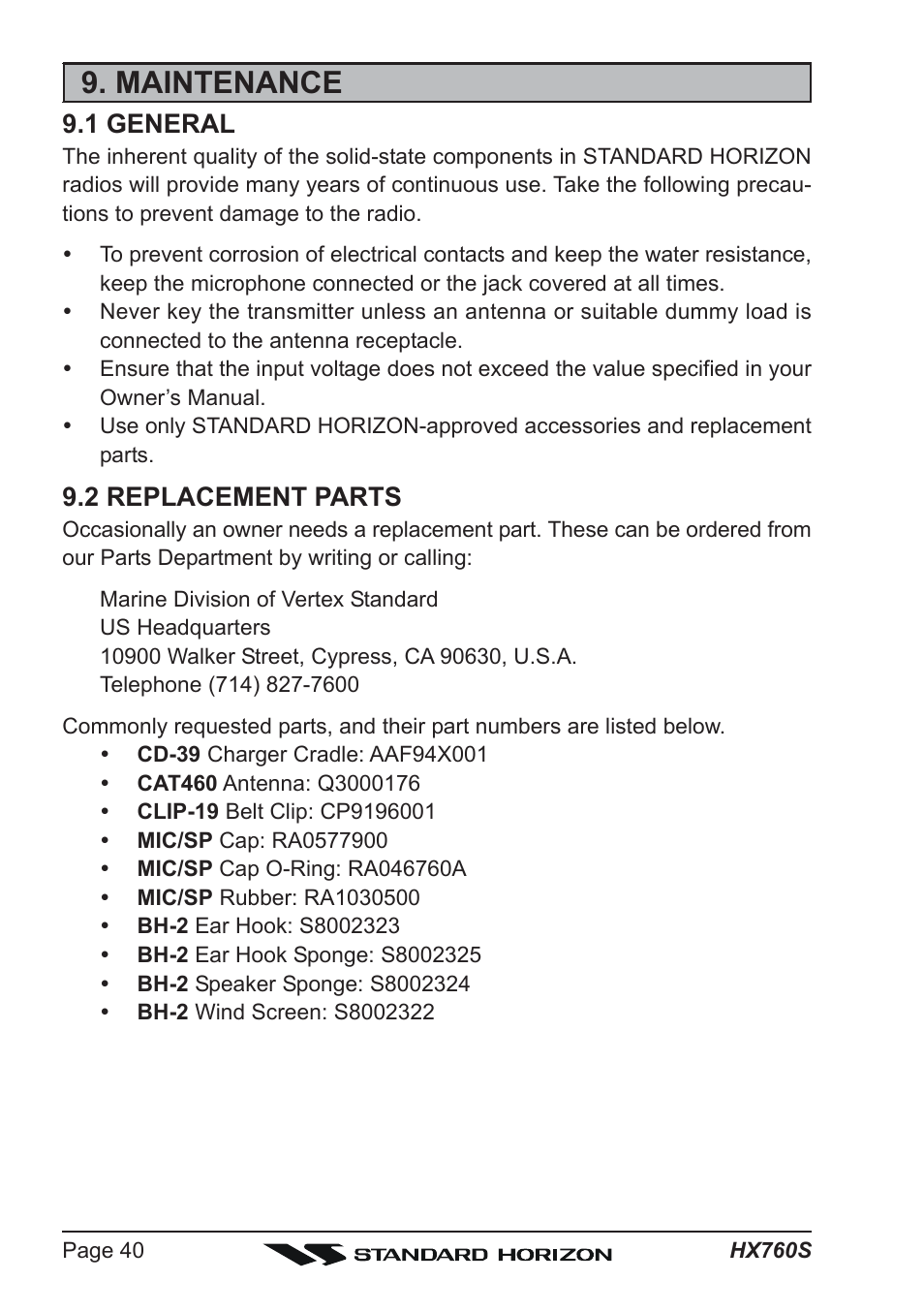 Maintenance, 1 general, 2 replacement parts | Vertex Standard HX760S User Manual | Page 40 / 56