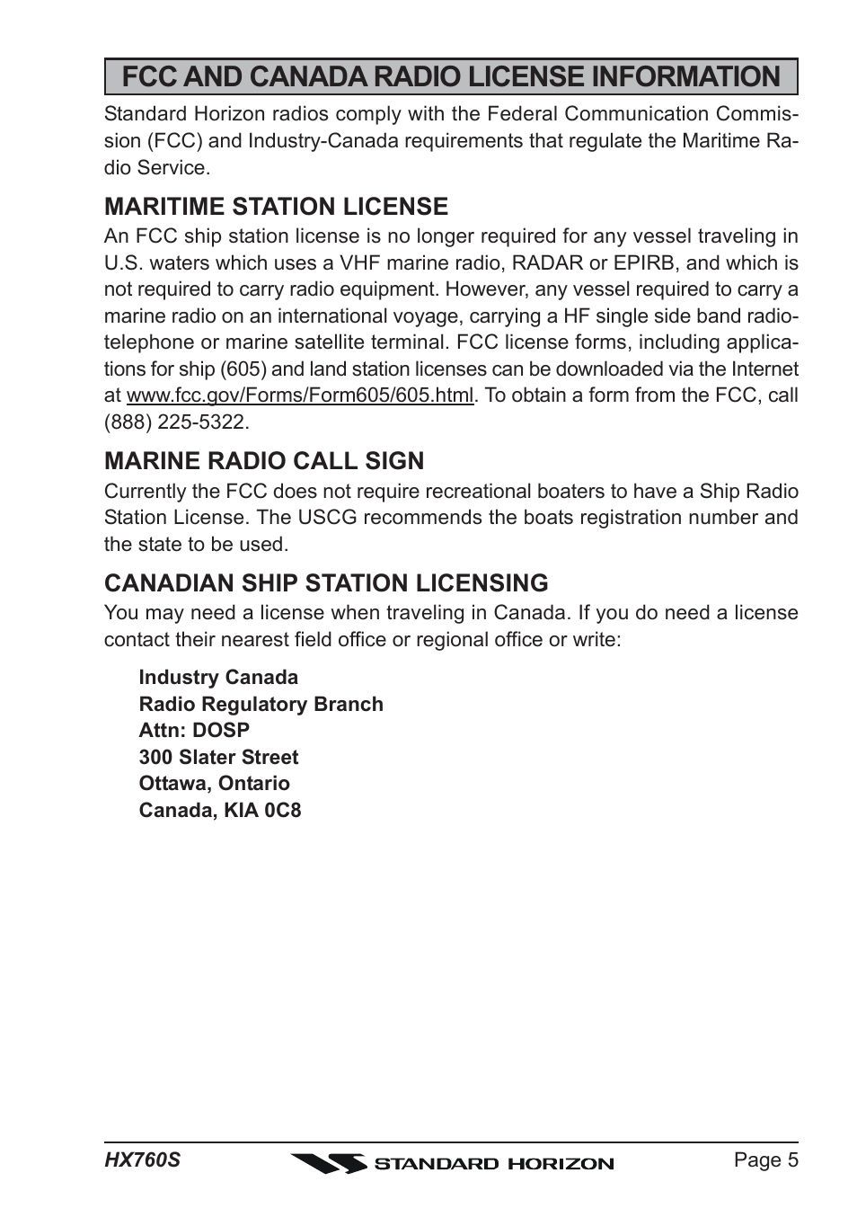 Fcc and canada radio license information | Vertex Standard HX760S User Manual | Page 5 / 56