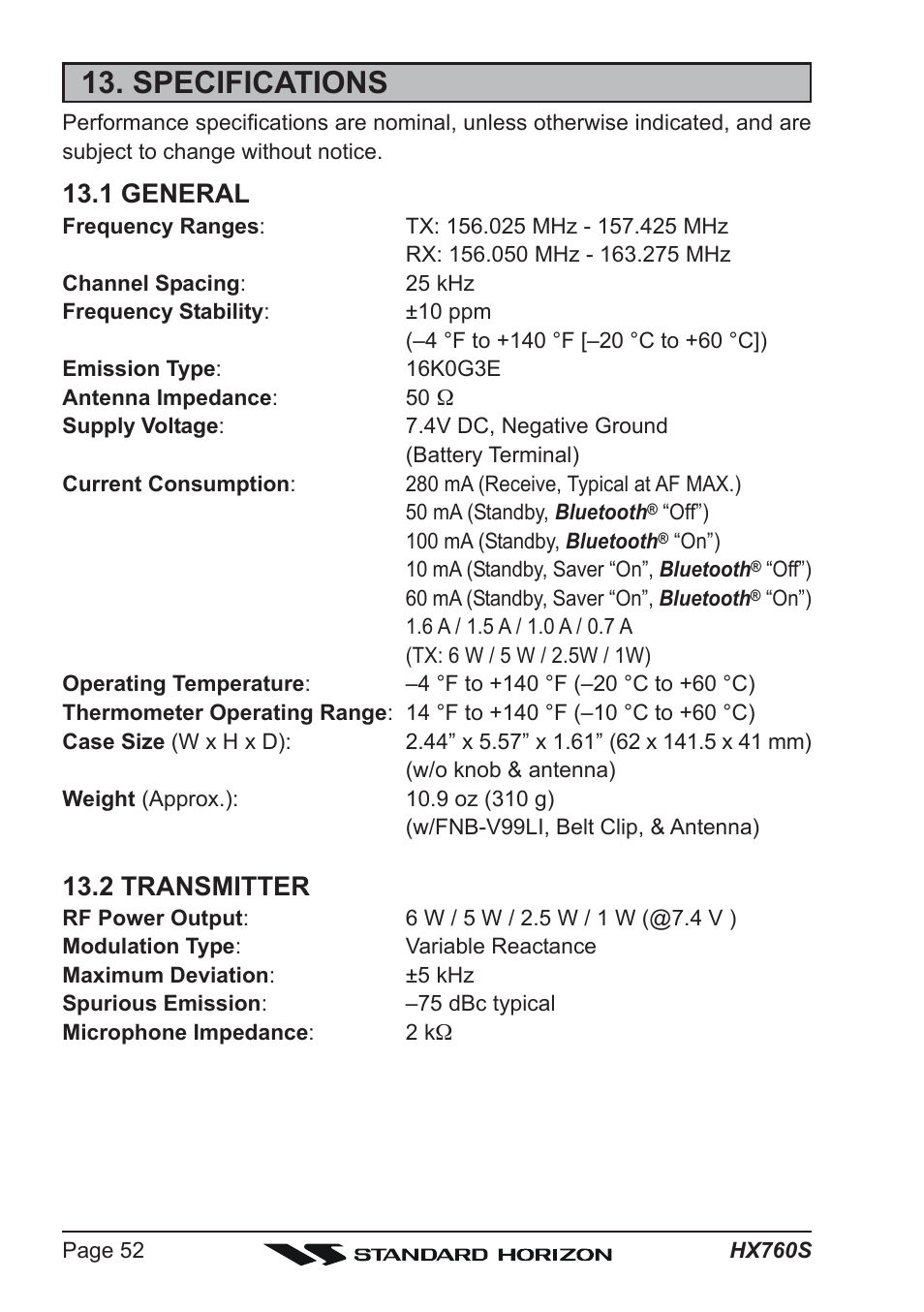 Specifications, 1 general, 2 transmitter | Vertex Standard HX760S User Manual | Page 52 / 56
