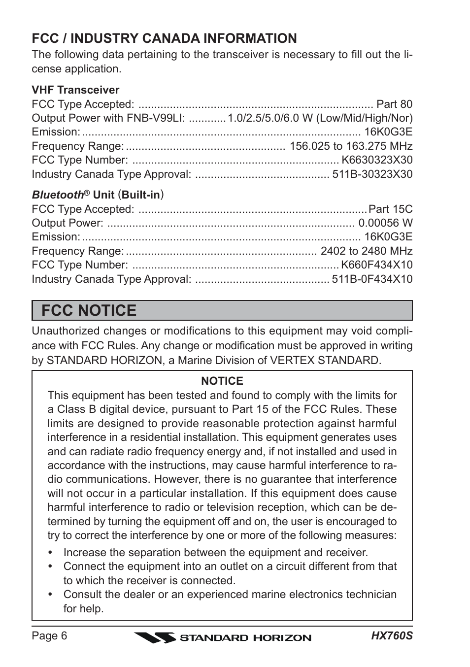 Fcc notice, Fcc / industry canada information | Vertex Standard HX760S User Manual | Page 6 / 56