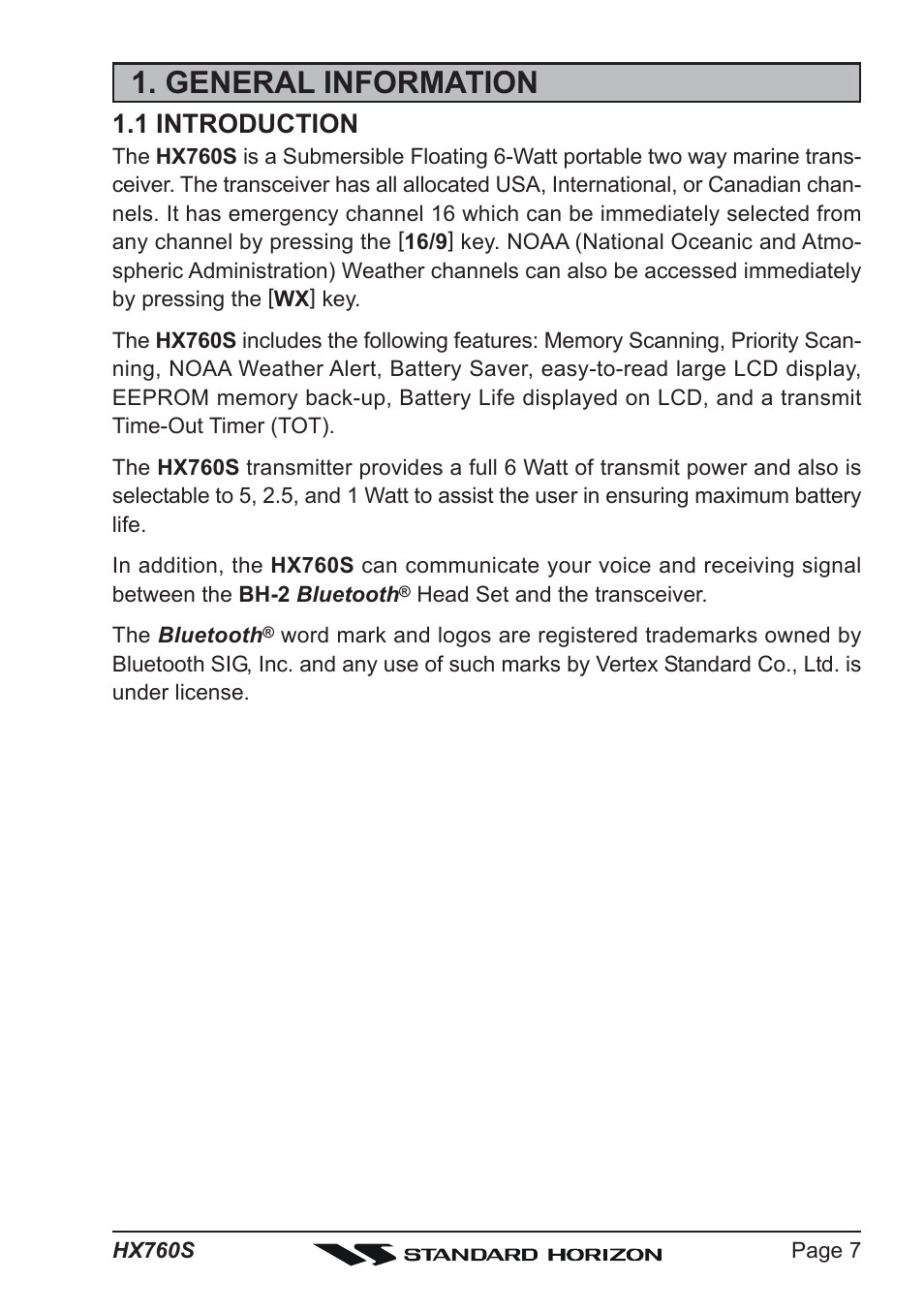 General information, 1 introduction | Vertex Standard HX760S User Manual | Page 7 / 56