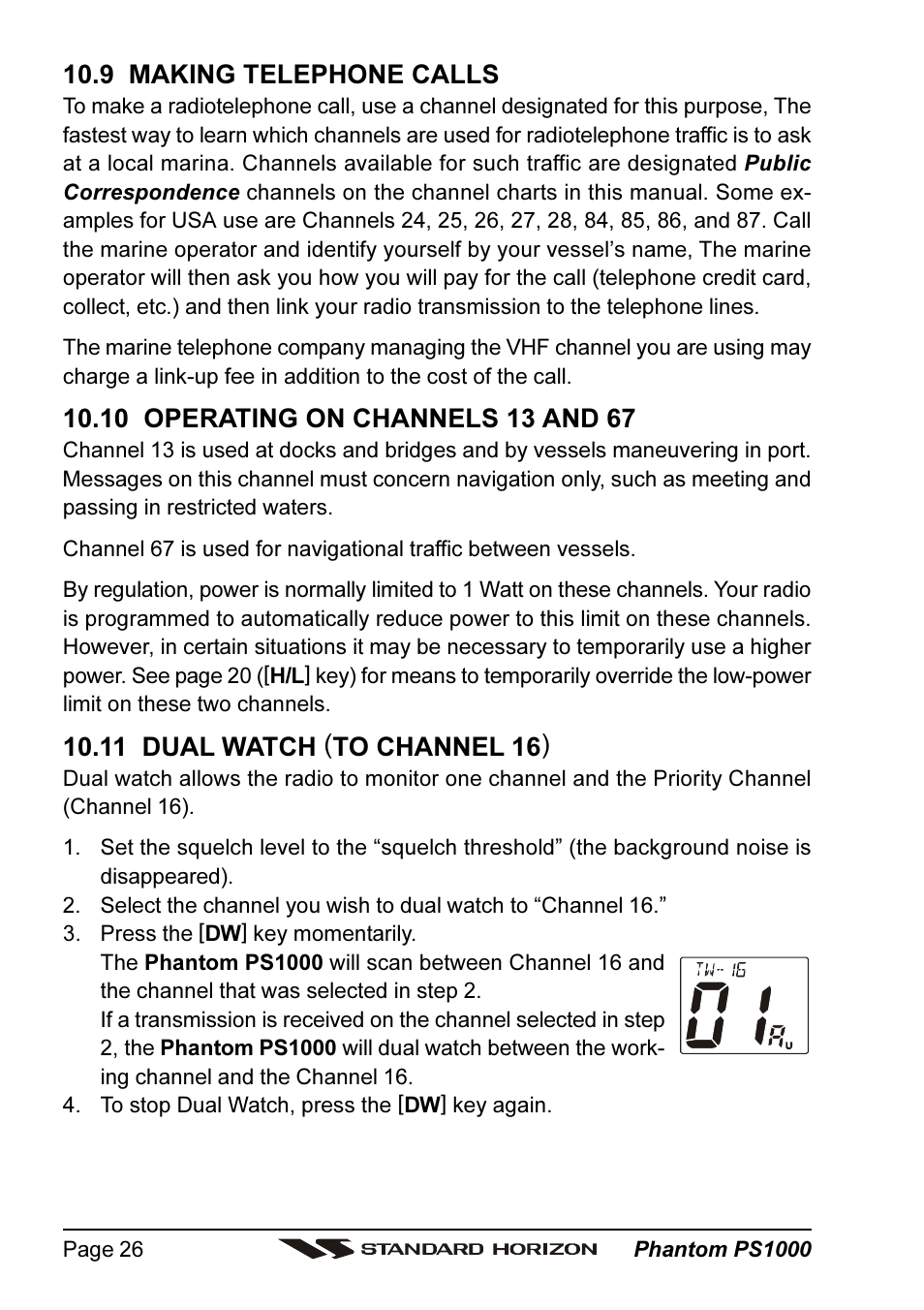 9 making telephone calls, 11 dual watch (to channel 16) | Vertex Standard PS1000 User Manual | Page 26 / 68