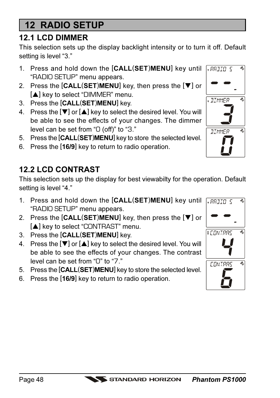 12 radio setup, 1 lcd dimmer, 2 lcd contrast | Vertex Standard PS1000 User Manual | Page 48 / 68