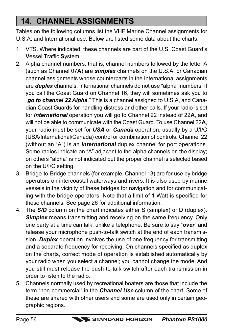 Channel assignments | Vertex Standard PS1000 User Manual | Page 56 / 68