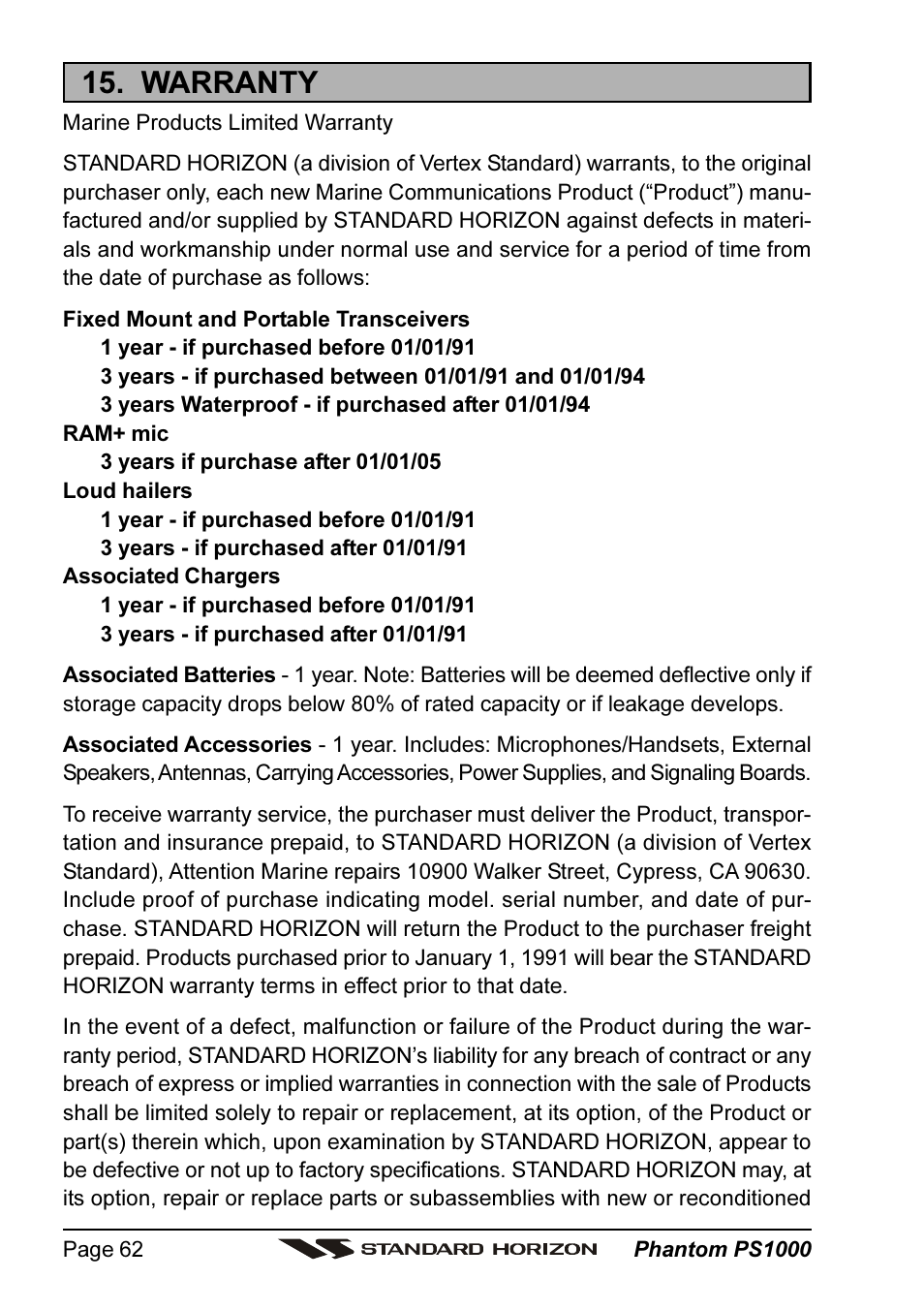 Warranty | Vertex Standard PS1000 User Manual | Page 62 / 68