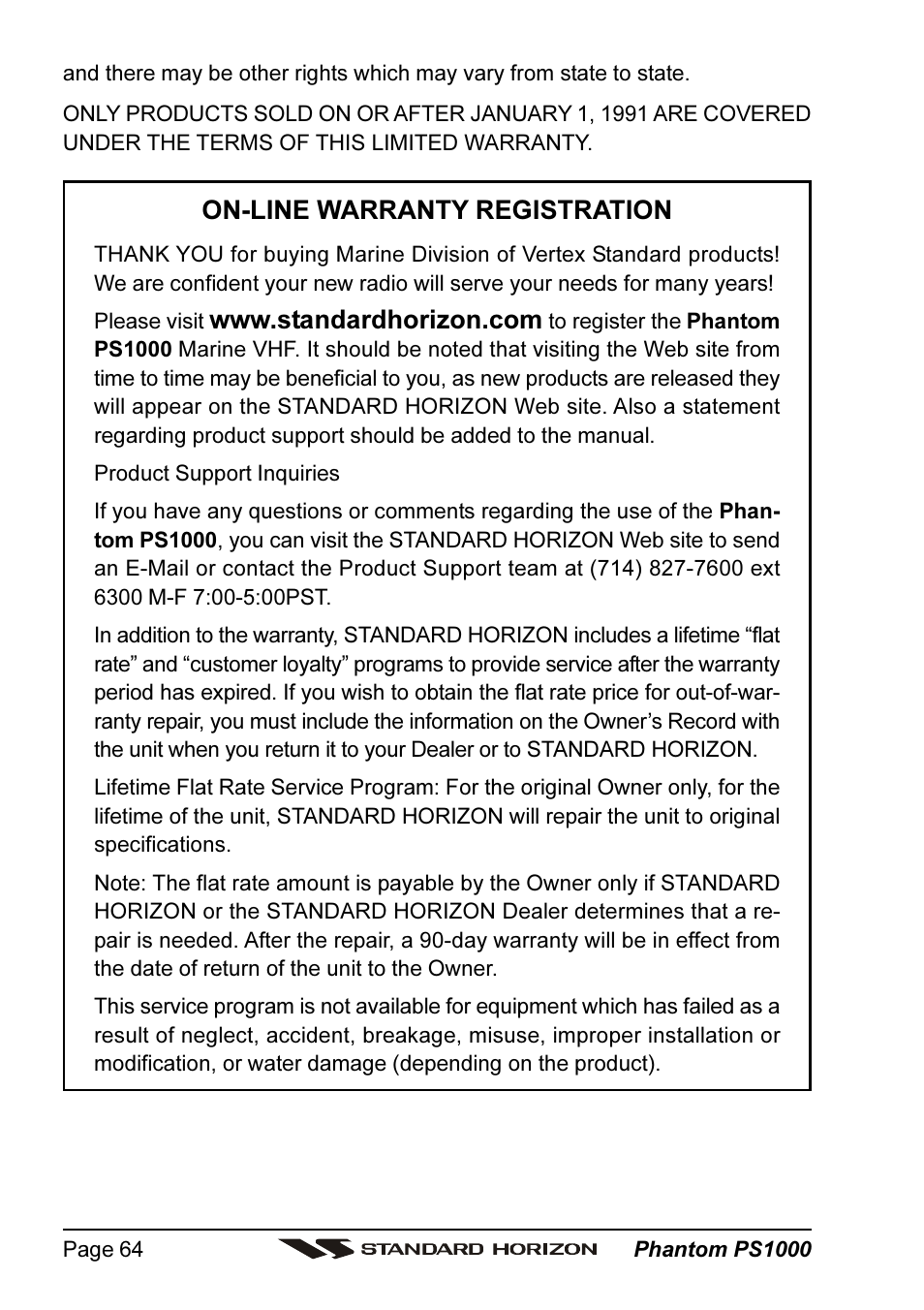 On-line warranty registration | Vertex Standard PS1000 User Manual | Page 64 / 68