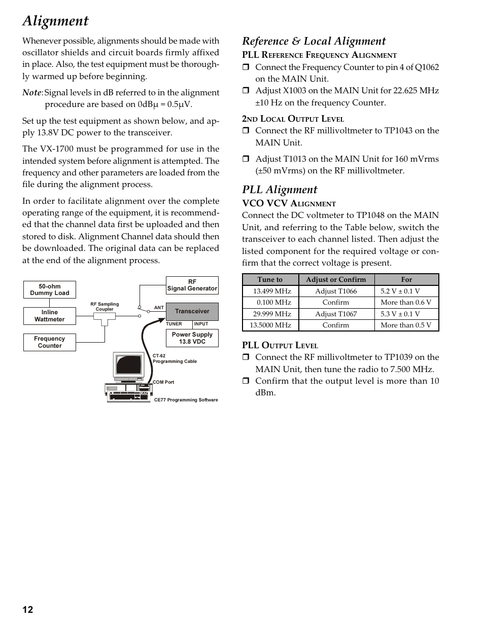 Reference & local alignment, Pll reference frequency alignment, 2nd local output level | Pll alignment, Vco vcv alignment, Pll output level, Alignment, Pll r, Vco vcv a, Pll o | Vertex Standard TRANSCEIVER VX-1700 User Manual | Page 12 / 102