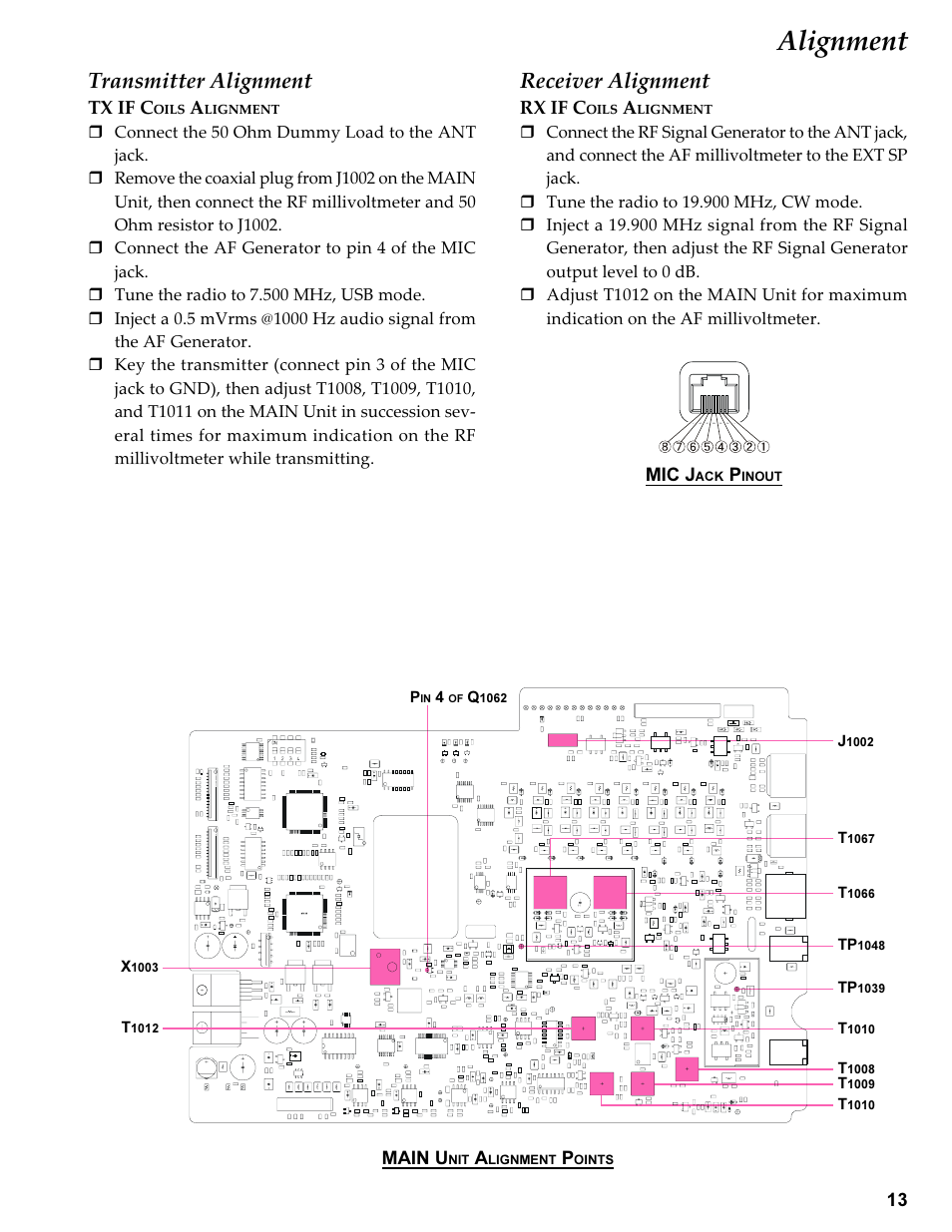 Transmitter alignment, Tx if coils alignment, Receiver alignment | Rx if coils alignment, Alignment, Rx if c, Tx if c, Main u, Mic j | Vertex Standard TRANSCEIVER VX-1700 User Manual | Page 13 / 102
