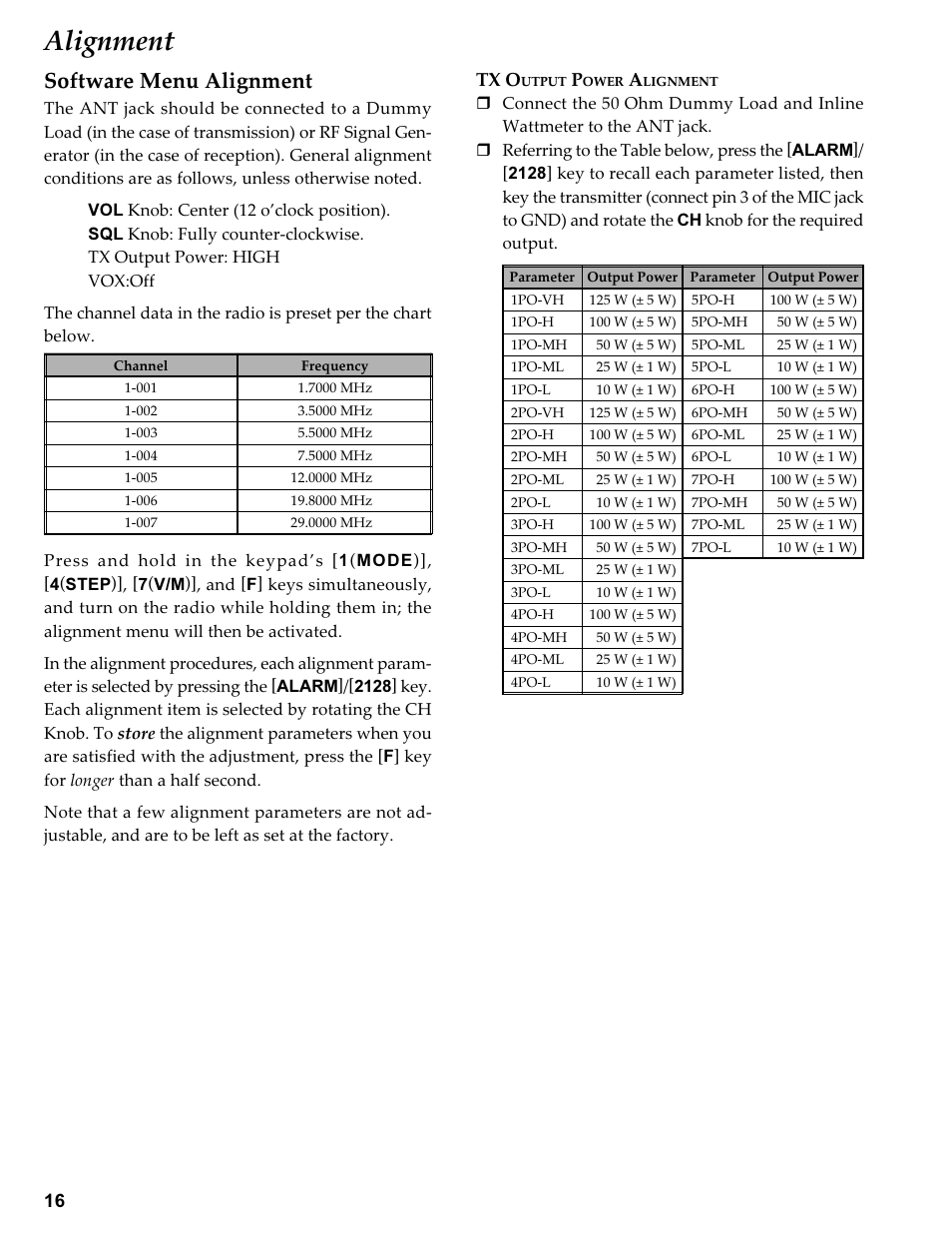 Software menu alignment, Tx output power alignment, Alignment | Tx o | Vertex Standard TRANSCEIVER VX-1700 User Manual | Page 16 / 102