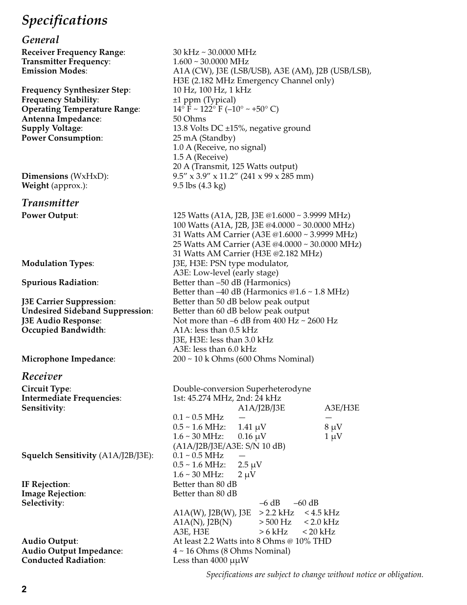 Specifications, General, Transmitter | Receiver | Vertex Standard TRANSCEIVER VX-1700 User Manual | Page 2 / 102