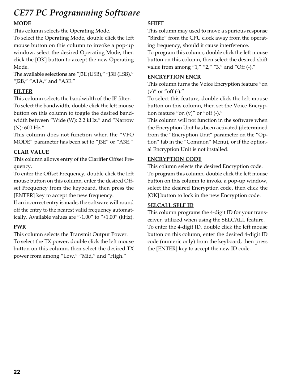 Ce77 pc programming software | Vertex Standard TRANSCEIVER VX-1700 User Manual | Page 22 / 102