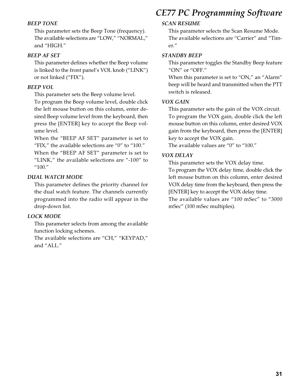 Ce77 pc programming software | Vertex Standard TRANSCEIVER VX-1700 User Manual | Page 31 / 102