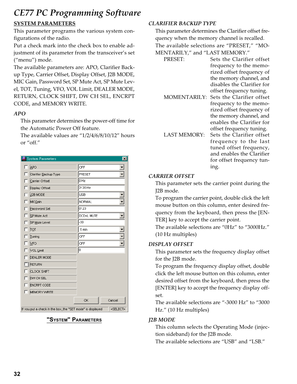 System parameters, Ce77 pc programming software | Vertex Standard TRANSCEIVER VX-1700 User Manual | Page 32 / 102