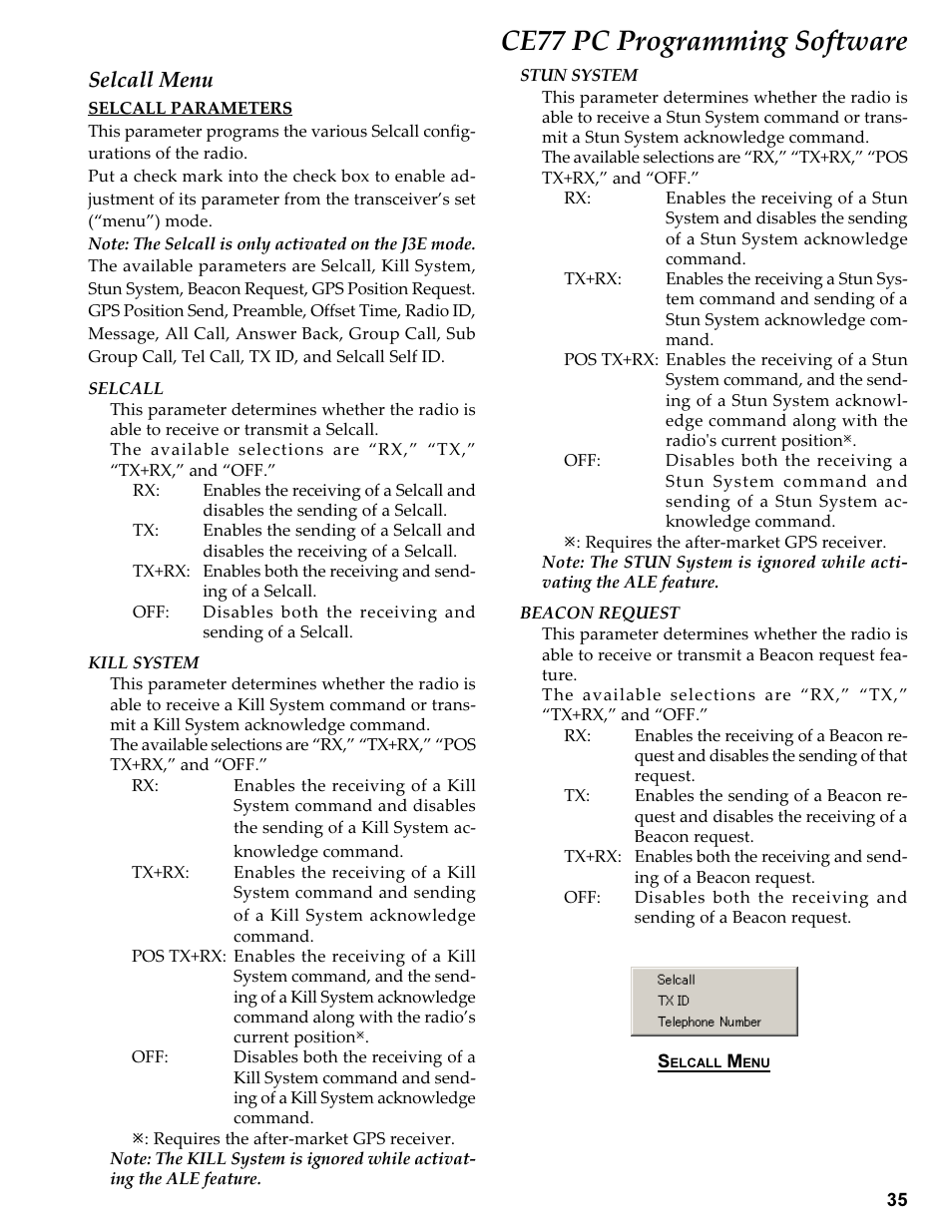 Selcall menu, Selcall parameters, Ce77 pc programming software | Vertex Standard TRANSCEIVER VX-1700 User Manual | Page 35 / 102