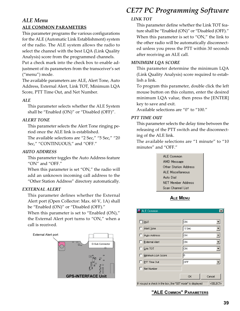 Ale menu, Ale common parameters, Ce77 pc programming software | Vertex Standard TRANSCEIVER VX-1700 User Manual | Page 39 / 102