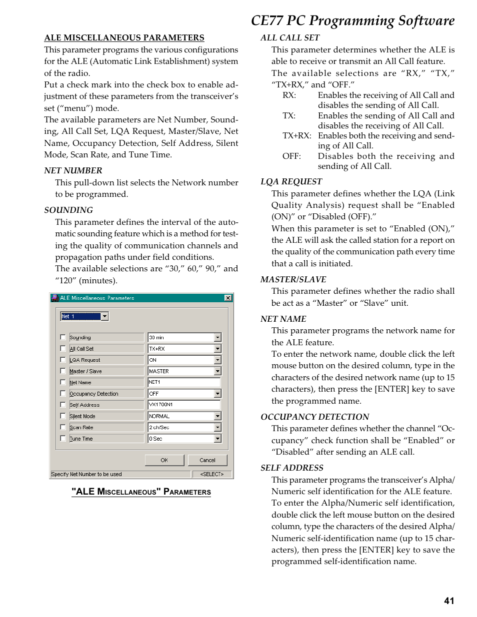 Ale miscellaneous parameters, Ce77 pc programming software | Vertex Standard TRANSCEIVER VX-1700 User Manual | Page 41 / 102