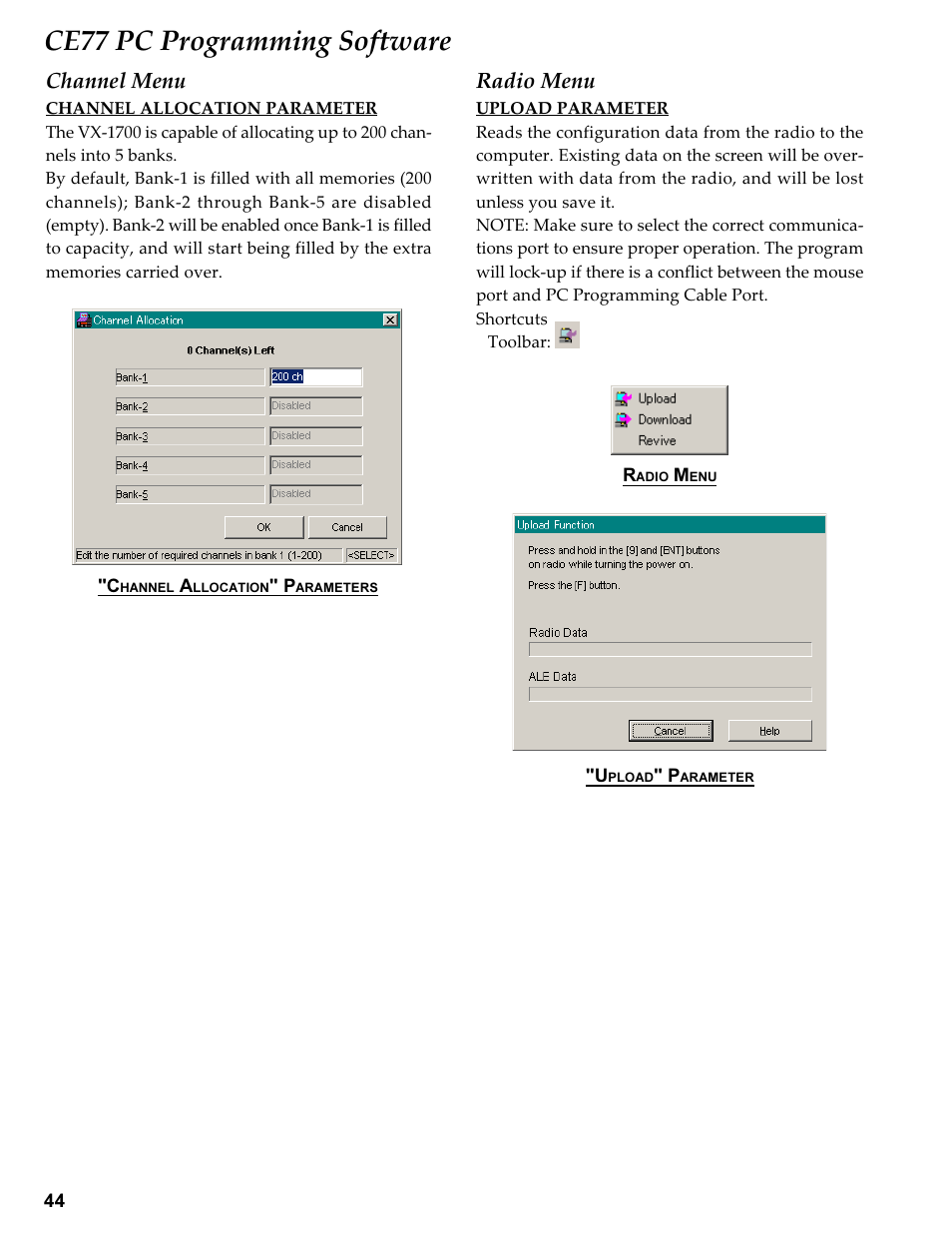 Channel menu, Channel allocation parameter, Radio menu | Upload parameter, Ce77 pc programming software | Vertex Standard TRANSCEIVER VX-1700 User Manual | Page 44 / 102