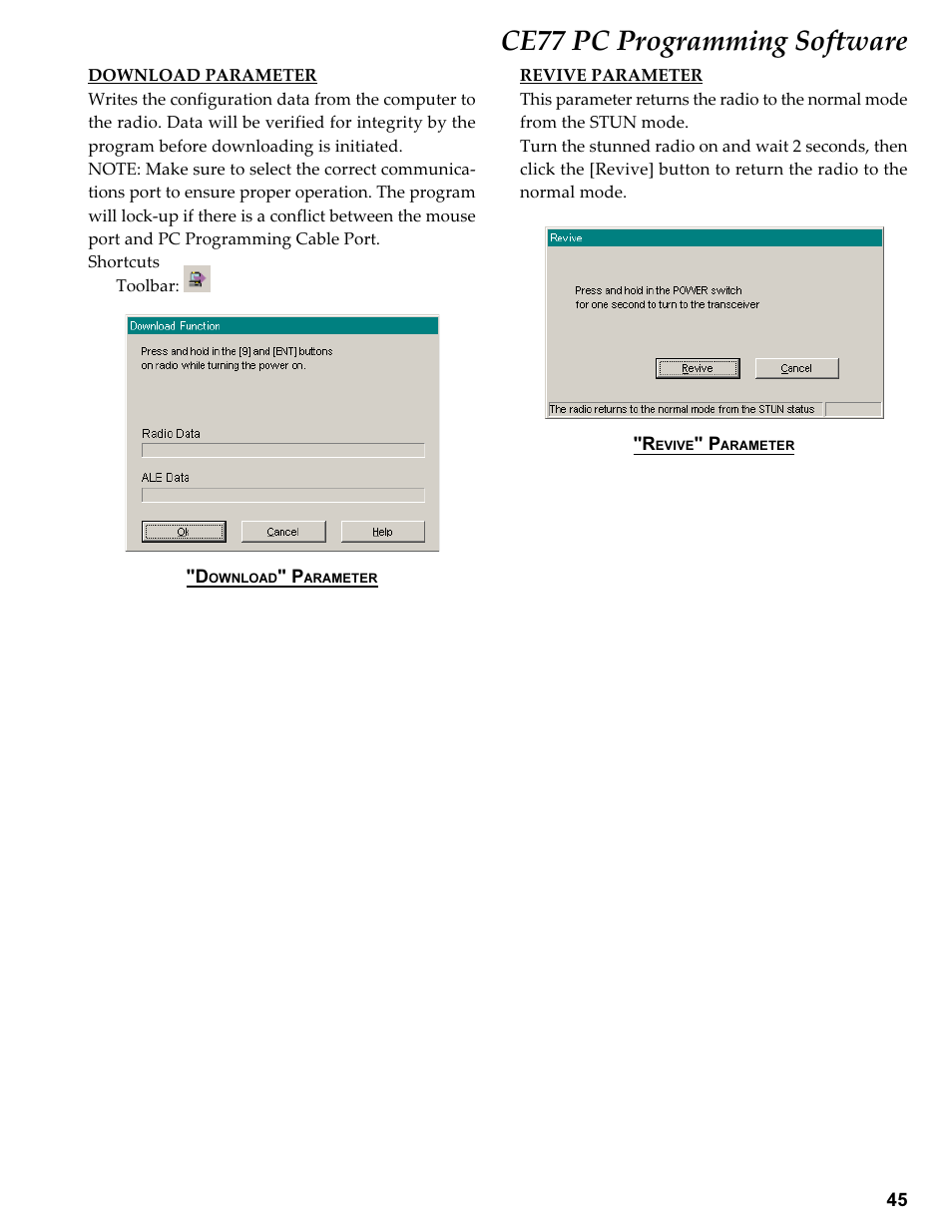 Download parameter, Revive parameter, Ce77 pc programming software | Vertex Standard TRANSCEIVER VX-1700 User Manual | Page 45 / 102