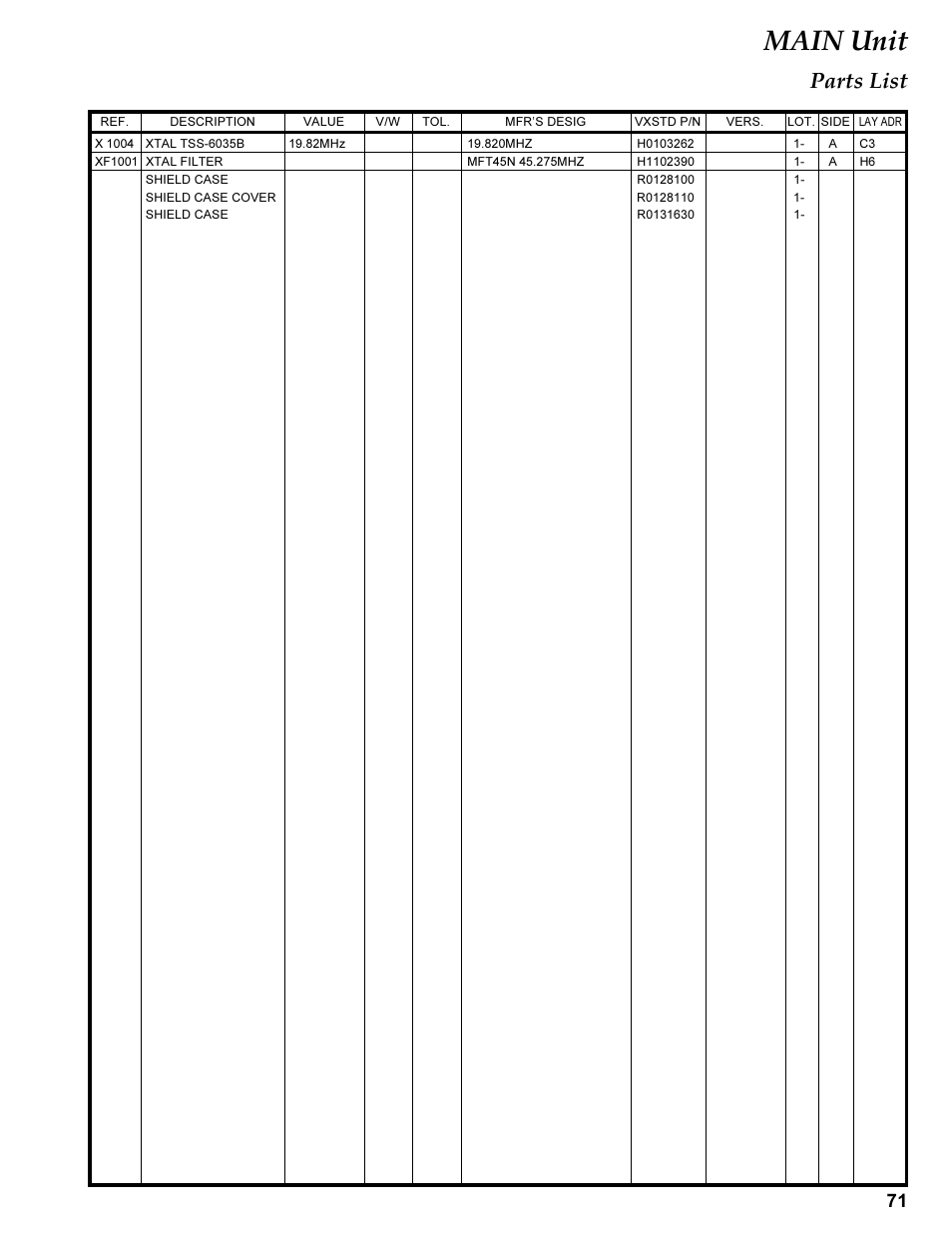 Xf 1xxx, Main unit, Parts list | Vertex Standard TRANSCEIVER VX-1700 User Manual | Page 71 / 102