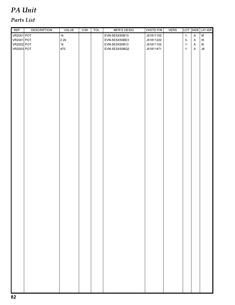 Vr 2xxx, Pa unit, Parts list | Vertex Standard TRANSCEIVER VX-1700 User Manual | Page 82 / 102