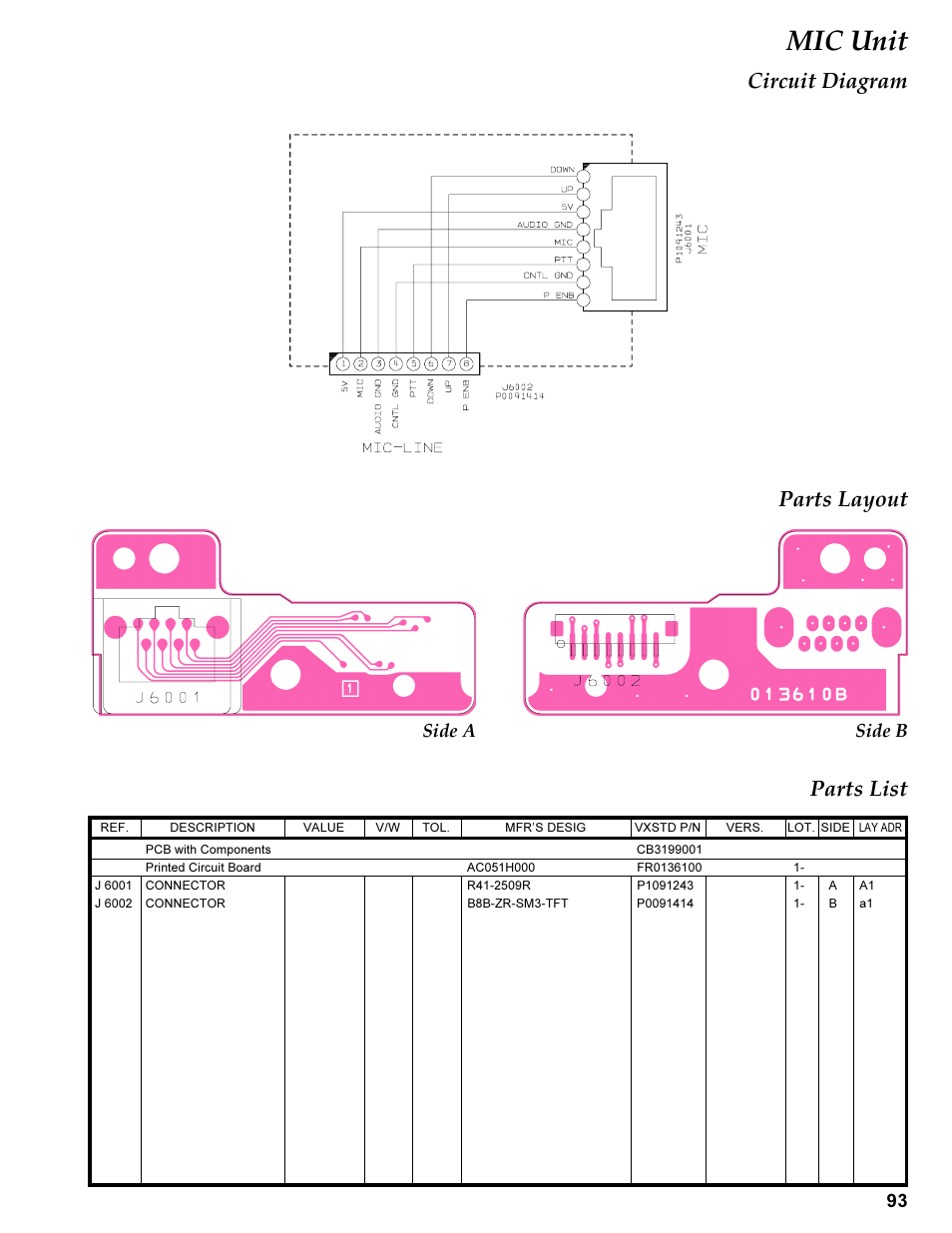 Mic unit, Circuit diagram, Parts layout | Parts list, Circuit diagram parts layout parts list, Side b side a | Vertex Standard TRANSCEIVER VX-1700 User Manual | Page 93 / 102