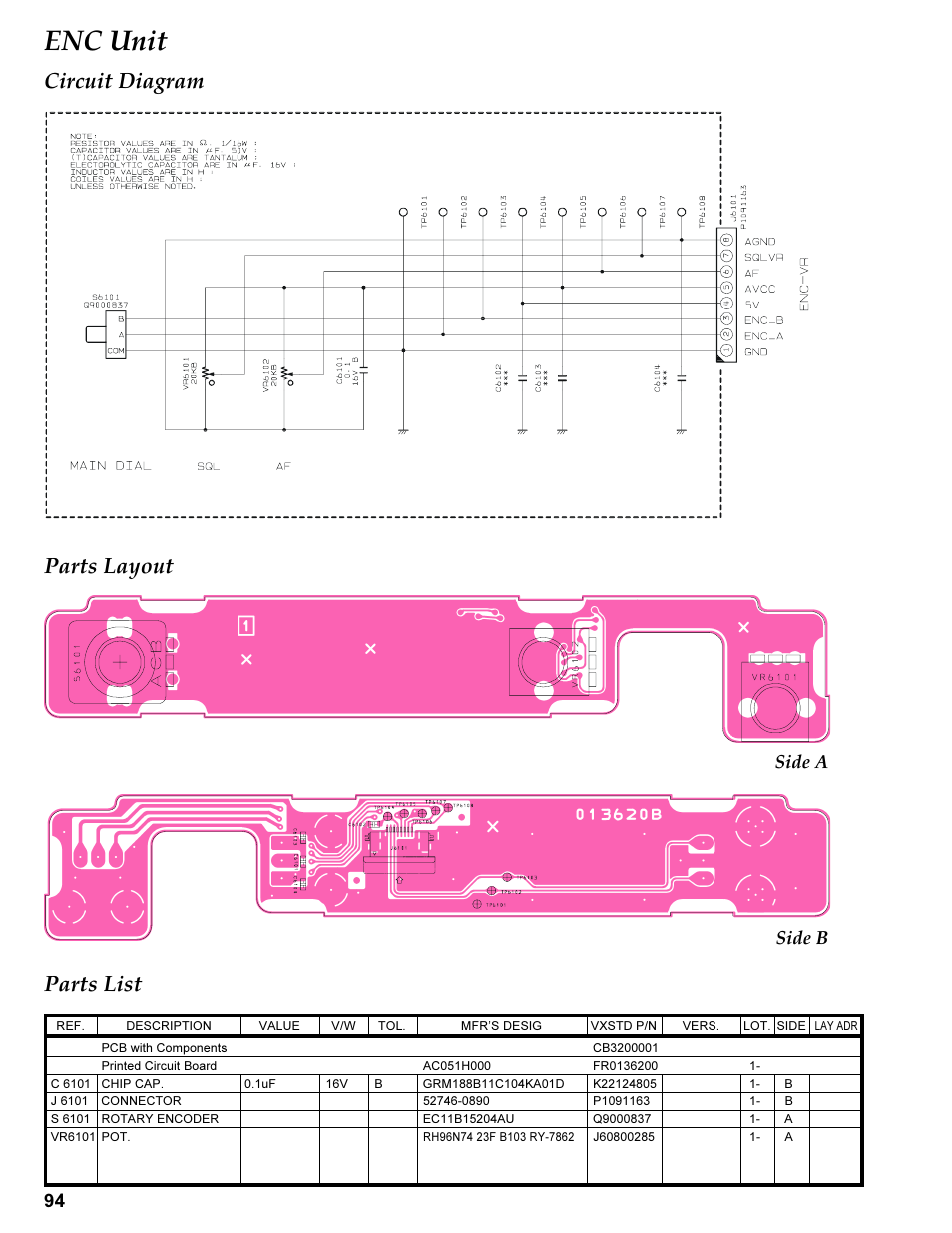 Enc unit, Circuit diagram, Parts layout | Parts list, Circuit diagram parts layout parts list, Side b side a | Vertex Standard TRANSCEIVER VX-1700 User Manual | Page 94 / 102