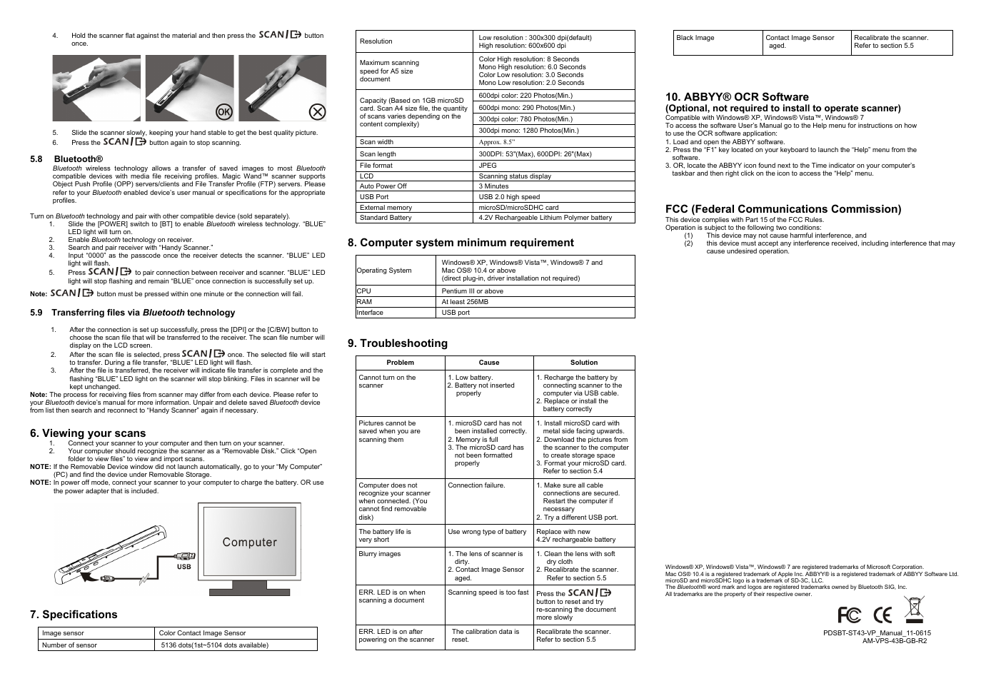 Viewing your scans, Specifications, Computer system minimum requirement | Troubleshooting, Abbyy® ocr software, Fcc (federal communications commission) | VuPoint Solutions PDSBT-ST43-VP User Manual | Page 2 / 2