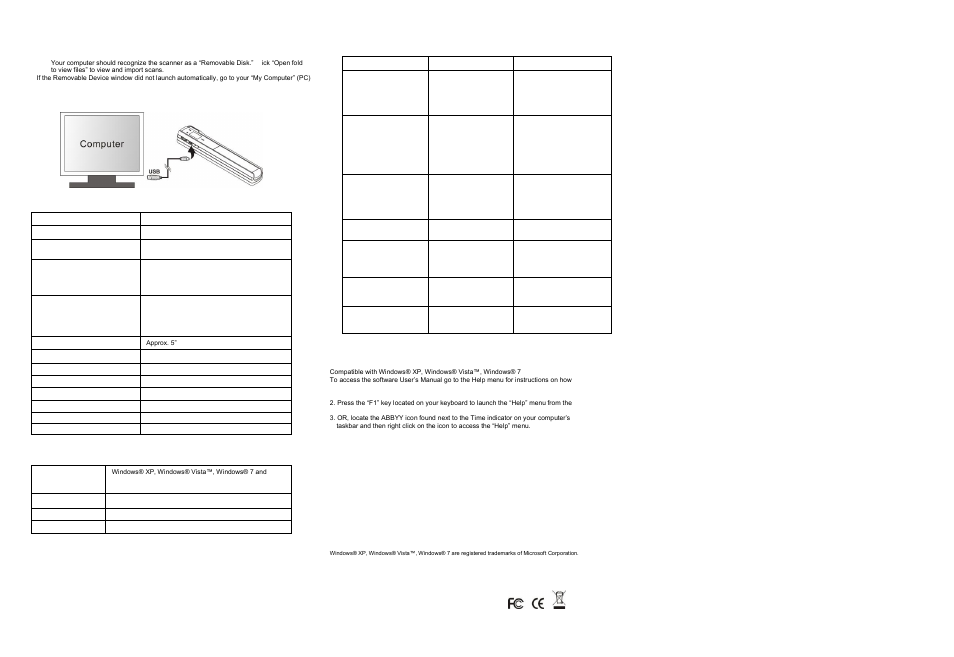 Viewing your scans, Specifications, Computer system minimum requirement | Troubleshooting, Abbyy® ocr software, Fcc (federal communications commission) | VuPoint Solutions PDS-ST510-VP User Manual | Page 2 / 2