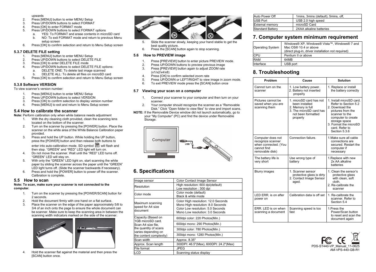 Specifications, Computer system minimum requirement, Troubleshooting | VuPoint Solutions PDS-ST440-VP User Manual | Page 2 / 2