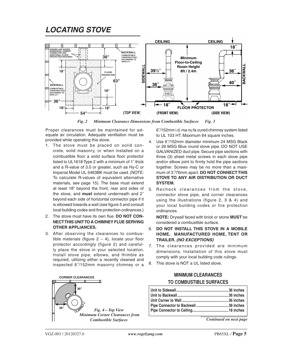 Locating stove, Page 5, Minimum clearances to combustible surfaces | Vogelzang International PB65XL User Manual | Page 5 / 16